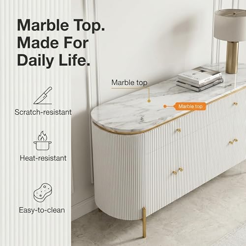 Image of Modern Console Table, 55 x 15 x 30 inch, White Ribbed Design, Marble Top, Gold Accents, 4-Door Storage Cabinet, Waterproof Plywood, PVD-Coated Legs, Elegant Entryway (White)