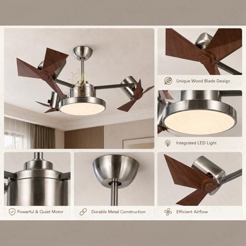 Image of Glowave Modern Antique Brass Finish Multi Head Wooden Texture 3 Blade Ceiling Fan with LED Light & Remote Control Fan for Kitchen, Cafes, Hotels, Dining, Bar - Tricolor (FI-7820 /NI)