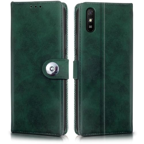 Image of WOW IMAGINE Shock Proof Flip Cover Back Case for Xiaomi Mi Redmi 9A | 9i | 9A Sport (Magnetic Button Flip Case | Wallet Pockets & Stand | Leather Finish | Forest Green)