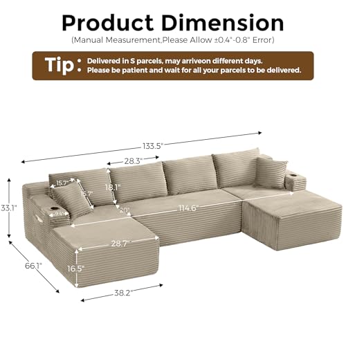 Image of 133 inch Oversized Cloud Boneless Sofa Couch with Chaise, Modern Corduroy U Shaped Modular Sectional Sofa with Deep Seat, Comfy Couch with Cupholders and Storage, No Assembly Required-Camel