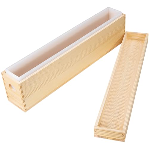 Moules à savon en silicone avec caisse en bois et couvercle, moules à savon rectangulaires pour la fabrication de savon (2,2 l, longs et étroits)