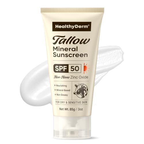 Natural Beef Tallow Sunscreen SPF 50: Mineral Sun Cream with Zinc Oxide & Grass-Fed Tallow - Non-Greasy Friendly for Dry Delicate Skin - Water Resistant - Made Without Reef-Harming UV Filters 3 oz