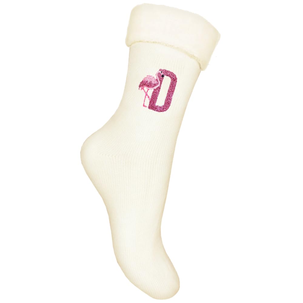 Teddyt's Women's Cream Personalised Sparkle Flamingo Initial Embroidered Fluffy Thermal Winter Bed Socks