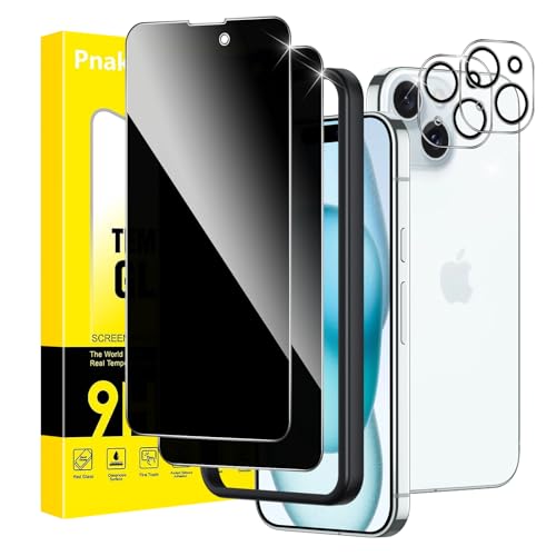 Pnakqil Sichtschutz für iPhone 15 Panzer Schutz Glas mit Kameraschutz,Privacy Schutzfolie Displayschutz,Anti-Spy Schutzg...