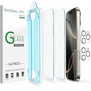 amFilm Auto-Alignment OneTouch for iPhone 16 Pro [6.3”] Screen Protector + Camera Lens Protector, Tempered Glass, 30 seconds Installation, Bubble Free, Case Friendly, Anti-Scratch [2+2 Pack]