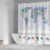 DDS-DUDES World Map Shower Curtain with Major Cities, Funny Kids Education Bathroom Sets, Water Repellent Fabric Curtains with Hooks 71x71 inches71x71 inches(Blue and White)