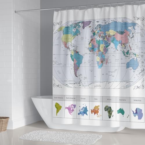 DDS-DUDES World Map Shower Curtain with Major Cities, Funny Kids Education Bathroom Sets, Water Repellent Fabric Curtains with Hooks 71x71 inches71x71 inches(Blue and White)