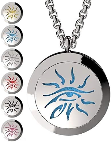 Wild Essentials - Collar difusor de aceite esencial de ojo de sabiduría, colgante de medallón de acero inoxidable con cadena de 24 pulgadas, 12