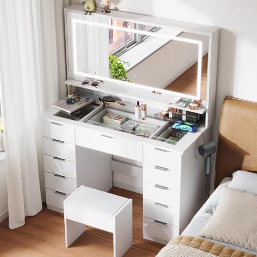 Mondeer Coiffeuse avec Miroir et Tabouret, LED Maquillage Luminosité Réglable avec Plateau en Verre et 11 Tiroirs, Coiffeuse Moderne avec Prise, pour Chambre...