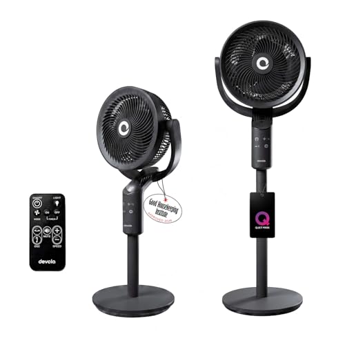 Devola 8 inch Pedestal Fan & Air Circulator with Remote Control 12 Speeds 4 Adjustable Heights Multi directional Oscillation 15 Hr Timer Aroma Diffuser Sleep Mode Quiet Mark Certified - Black