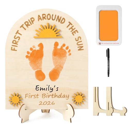 R HORSE 3D Pink Bow Baby's First Birthday DIY Footprint or Handprint Art Sign, Our Sweet Little Girl Wooden Hanging Decoration, Newborn Keepsake Gift for Baby Girl 1st Birthday Baby Shower Photo Prop