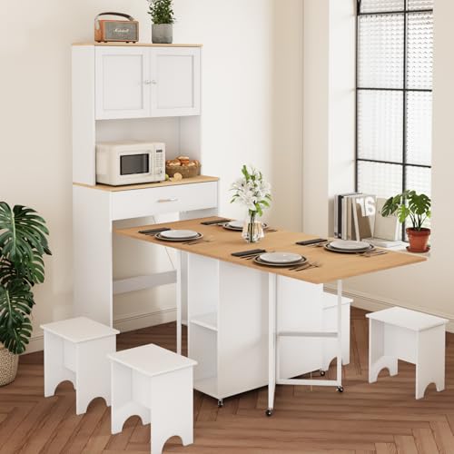 VOWNER 63” Folding Dining Table Set and 71” Tall Sideboard Cabinet, Space Saving Wood Cupboard with Power Outlet, Kitchen Storage Pantry, Mobile Multifunctional Desk for Small Place, for 4-6