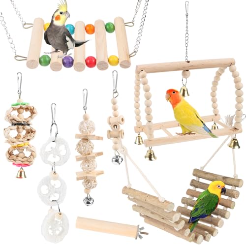 Byffor Holzspielzeug für Wellensittiche, 8 Stück Naturholz Lovebird Hängende Schaukel Spielzeug mit...