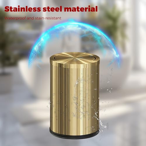 Image of 9L /2.4Gal Gold Trash Can,Brass Bathroom Garbae Can with Flipping Lid,Small Brass Garbage Can for Office, Laundry Room,Bedroom,Hotel