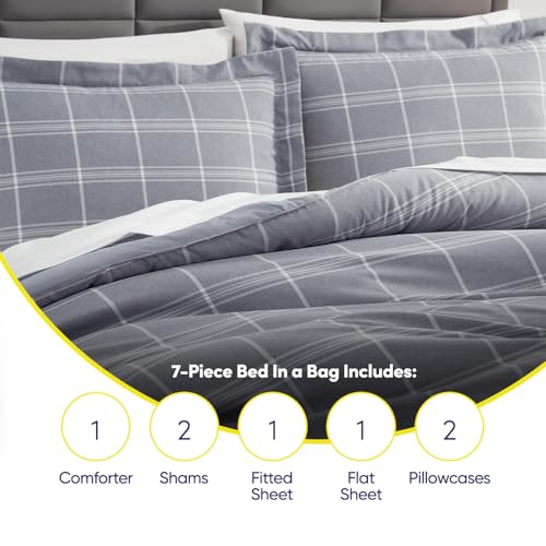 7 Piece Comforter Set Bag Solid Color All Season Soft Down Alternative Blanket & Luxurious Microfiber Bed Sheets, Full, Gray Plaid
