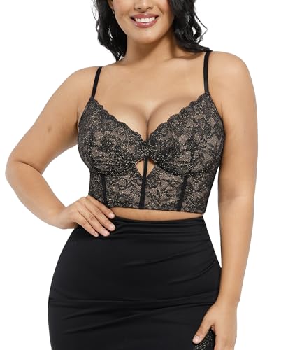 Popilush Bustier Corset Crop Tops for Women V Neck Lace Bralette Black M - image 1