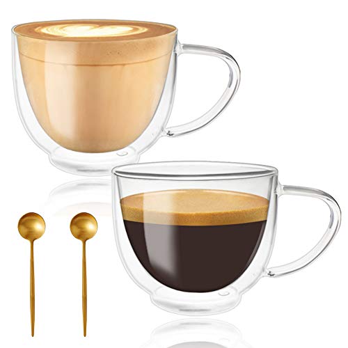 Juego de 2 tazas de café para café y té, tazas de cristal con doble pared con mango grande, tazas transparentes cada una de 7.5 oz, 200 ml, expreso, latte, capuchinos y bebidas, con 2 cucharas
