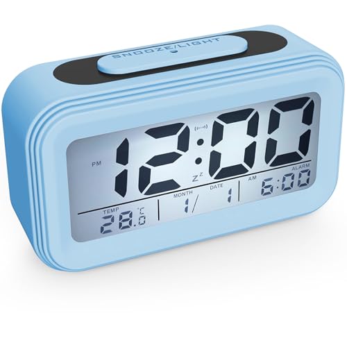 Coolzon Despertador Digital, Alarma Reloj Despertador Pilas para Infantil Niño Adulto, Despertador de Viaje Silencioso con Pantalla LED Calendario Temperatura Función Snooze Luz Nocturna, Azul