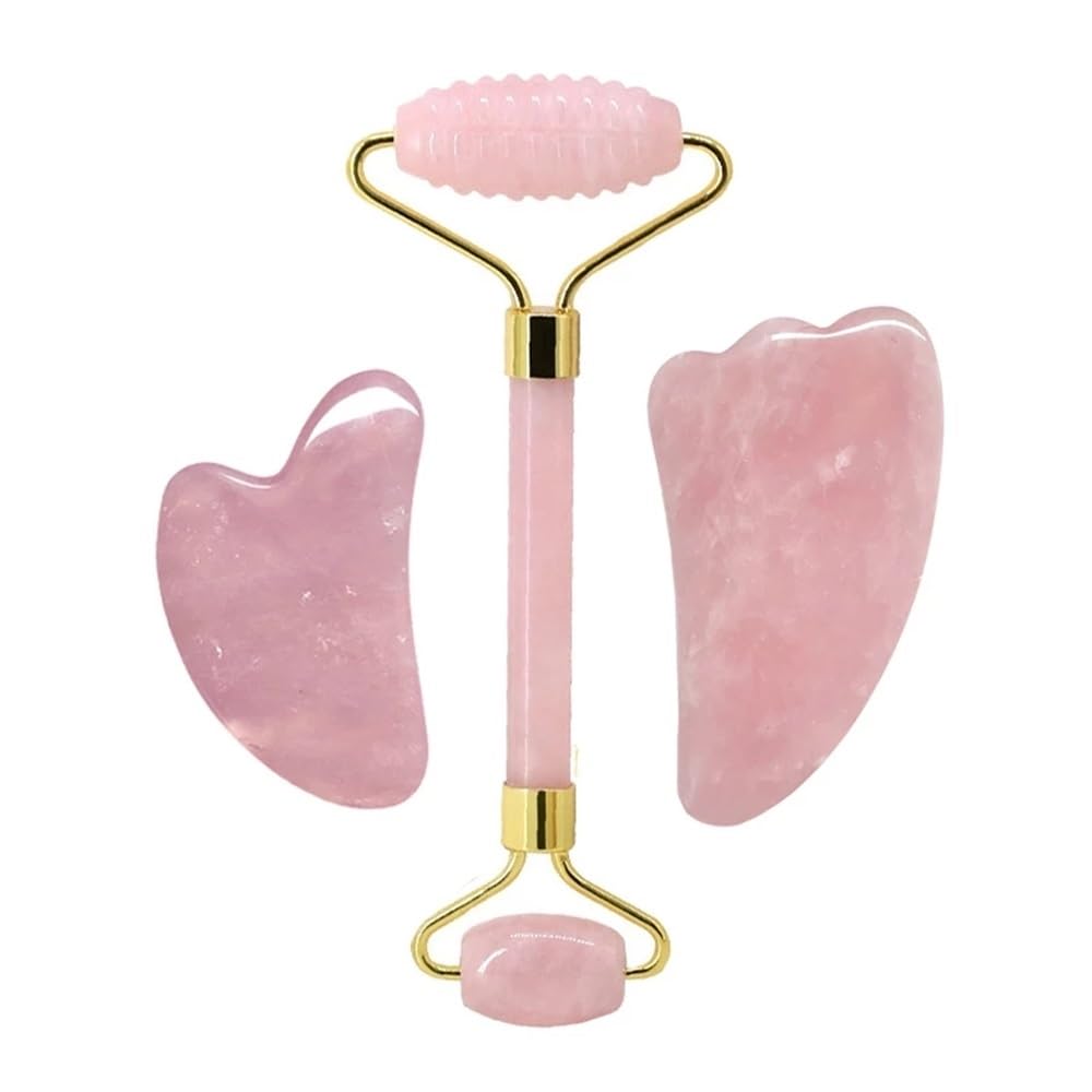 Rullo massaggiatore Viso in Quarzo Rosa, Set di guasha, Strumenti gua Sha, Raschietto in Pietra guazzo for Massaggio Viso, Strumento di Bellezza(Type 2)