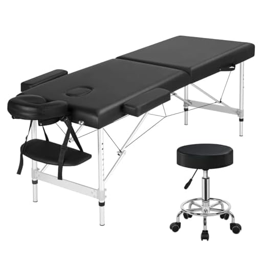 Yaheetech Aluminium 2 Folding Massage Table with Rolling Stool Portable Massage Bed Spa Bed Stool Adjustable Swivel Salon Chair Massage Therapy Table with Headrest & Armrest Black