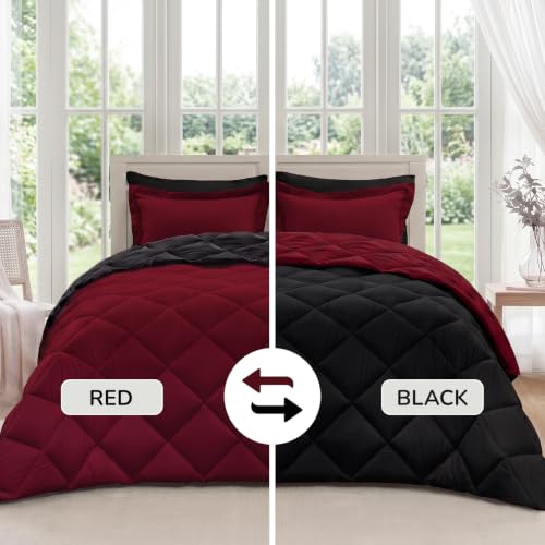 Image of downluxe 7 Pieces Queen Comforter Set with Sheets, Reversible Bed in a Bag for All Seasons with Comforter, Flat Sheet, Fitted Sheet, 2 Pillowcases and 2 Pillow Shams, Black /Red