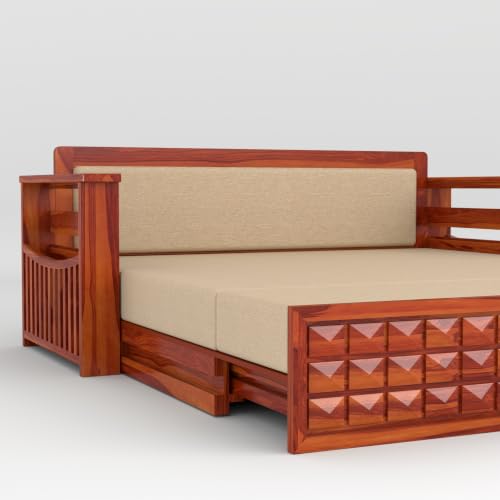 Image of Solid Sheesham Wood Sofa Cums Bed with Mattress & Storage | Rosewood Convertible Sofa Bed for Living Room & Bedroom (D-Honey, 3 Seater)