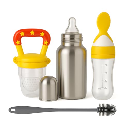Image of Shark Doo Doo Stainless Steel Bottle for Babies (0-12 Months) - 250ml with Silicone Cleaning Brush (Combo Pack) | BPA Free (SS 4in1 Combo Orange)