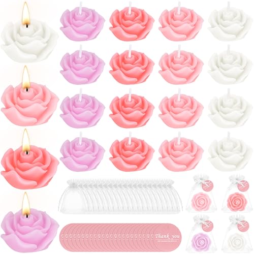 24 Set Flower Candles for Wedding Favor, Mini Pink Rose Shaped Candles for Guest Gift, Decorative Tealight Candle for Wedding Mother's Day Bridal Shower Baby Shower Birthday Party Favor