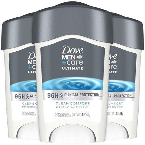 Dove Men+Care Deodorant, 96H Clinical Protection Antiperspirant, Clean Comfort 3-Pack – Prescription Strength Wetness Protection with ¼ Moisturizers, 1.7 Oz Ea
