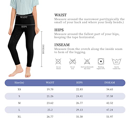 Foto von Havideto Reitleggings Mädchen mit Silikon Vollbesatz, Elastische Reithose Kinder Mädchen mit Gürtelschlaufen Seitliche Tasche Schwarz L