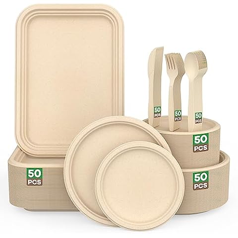 FEHHTO 300PCS Compostable Dinnerware Set - Heavy-Duty Sugarcane Plates, Utensils, and Large Paper Trays for Party Feast, Crawfish, Lobster, BBQ Cover