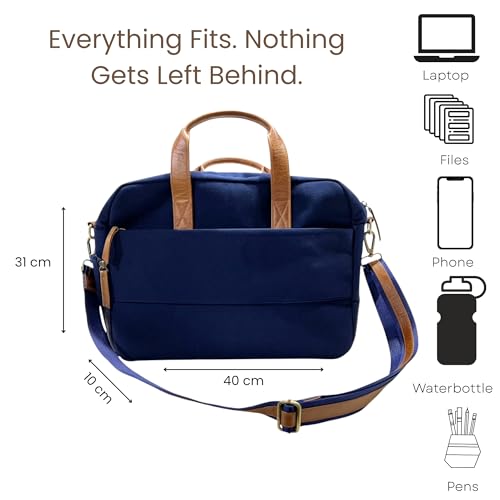 Navy Blue Canvas Laptop Bag for Men & Women – Stylish 15.6" Work Bag with Leather Handles & Adjustable Strap – Lightweight Briefcase for Office, Travel & Everyday Use3