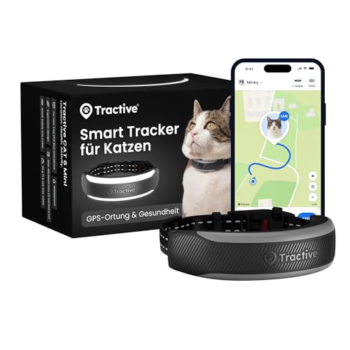 Tractive Smarter Katzen GPS Tracker Mini | Modell 2026 | Marktführer | Live-Ortung | Gesundheitswarnungen & Vitalwerte | Sicherheitsverschluss | Integriertes Halsband (Schwarz)