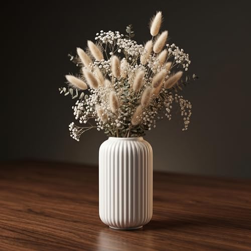 Image of PUREZENTO White Ribbed Texture Ceramic Vase - 6 Inch | Vases for Centerpiece Home Decor, Living Room & Bedroom | Vase for Pampas Grass, Dried & Artificial Flowers