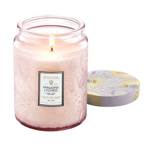 Image of Voluspa Panjore Lychee, Large Candle Jar, 18 oz, 100 Hour Burn Time, Coconut Wax for Clean Burning, Handcrafted in the USA