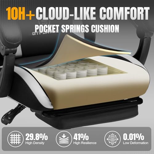 Image of GTPLAYER Gaming Chair with Pocket Spring Cushion, Leather Office Chair with Ergonomic High Back & Lumbar Support for Back Pain Relief, Computer Game Chair for Adults, White /Black