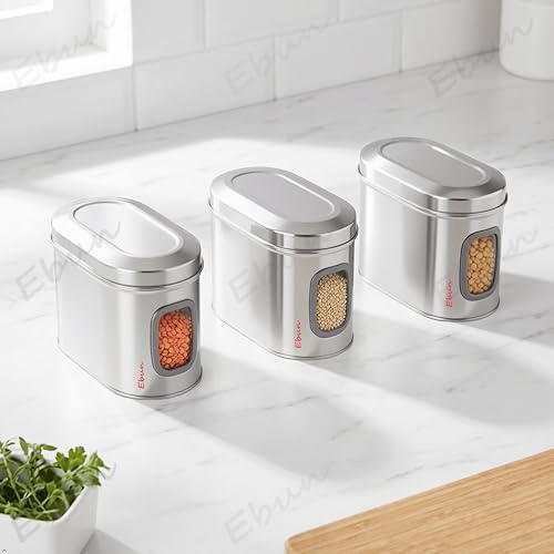 Image of Ebun Stainless Steel See Through Containers | Stainless Steel Container with Lid | Capsule Shape Steel Kitchen Containers Set | Steel Airtight Container | 1 Kgs Capacity Approx | Pack of 3