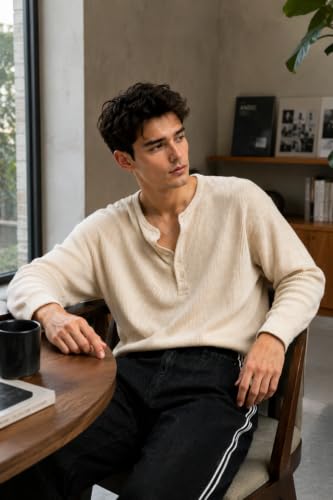 Image of NETCLICK Men's Textured Fabric Solid Half-Open Collar T-Shirt | Full Sleeve, Casual