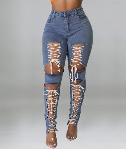 Sexyshine Women's Lace Up Skinny Denim Pants Bandage Criss Cross Hollow Out Stretch Long Pencil Jeans2