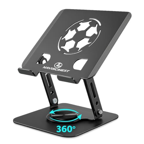 Image of Aluminum Laptop Stand for Desk - 360 Rotating Swivel Base, Height Adjustable Ergonomic Riser - Foldable & Portable Notebook Holder Compatible with MacBook, HP, Dell, Lenovo