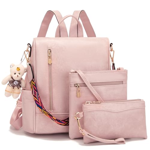 Soperwillton Women Backpack Purse PU Leather Anti-theft Fashion Shoulder Bag Travel Backpack Set 3pcs