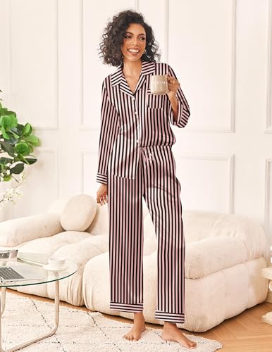 Image of Ekouaer Womens Silk Satin Pajama Sets 2 Piece Sleepwear Pjs Set Long Sleeve Button Down Top and Pants Stripe Loungewear S-XXL