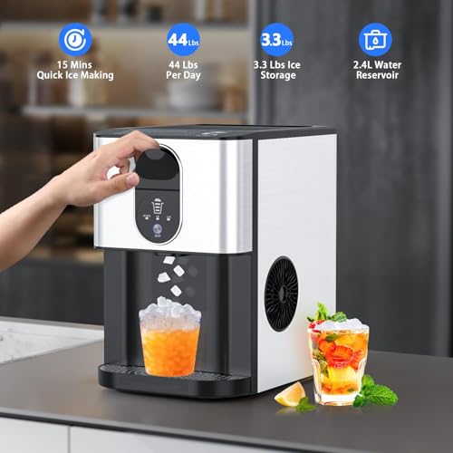 Image of Kndko Nugget Ice Makers Countertop, 44lbs /24H Pebble Ice Machine with Self-Cleaning Dispenser, Soft Chewable Pellet Ice, 3.3lbs Storage for Home /Kitchen /Office /Party, Silver