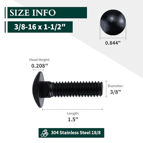 Image of 3 /8-16 x 1-1 /2 inch Black Steel Carriage Bolts, 304 Stainless Steel 18-8, Round Domed Head Square Neck Carriage Bolts Screws, Coarse Thread UNC, 10 PCS
