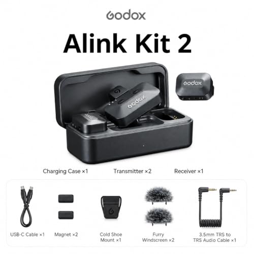 Image of GODOX Alink Kit2 Wireless Microphone for Camera, iPhone & Android, 48kHz /24-bit, 300m Range, 10-Level Noise Can, 2.4GHz, 30H Use for YouTube, Vlogging, Podcast (2TX + 1RX + Hot Shoe + Charging Case)
