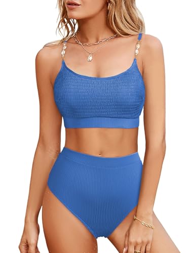 Herseas Women's 2 Piece Bikini Set Shirred Solid Color High Waisted Shell Strap 2025 Summer Beach Swim Bathing Suit