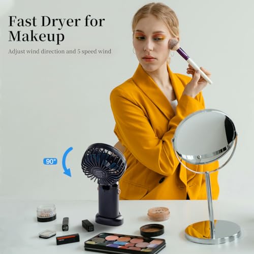 Image of Portable Handheld Fan, 12 hours, Upgrade 3200mAh Portable Fan with LED Display, 90 Foldable, 5 Speed Wind,Hand Held /Neck /Desk 3 in 1 Personal Small Fans, Makeup Fans for Women (Dark Blue)