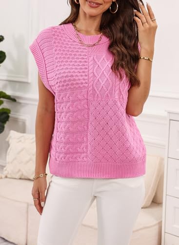 Image of EVALESS Womens Short Sleeve Sweater Summer Fall 2025 Round Neck Crochet Pullover Cap Sleeve Knit Oversized Sweater Vest Tops