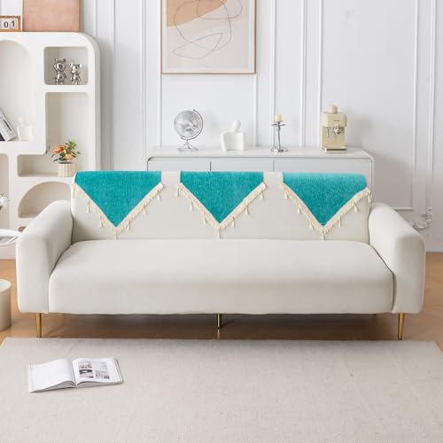 Image of HOKIPO 'Serenity Tassel' Chenille Sofa Back Cover with Tassels - 1 Pc Ocean Teal (IN-894-SBL)