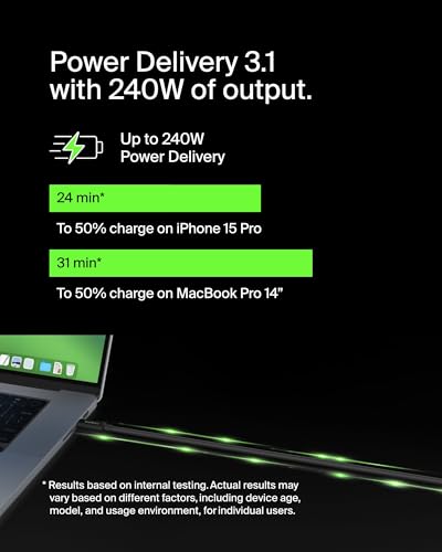 Image of Belkin USB4 Cable, 240W, 20Gbps, 1.2M | USB-C to USB-C fast charging and data transfer, compatible with MacBook, laptop, and Windows PC